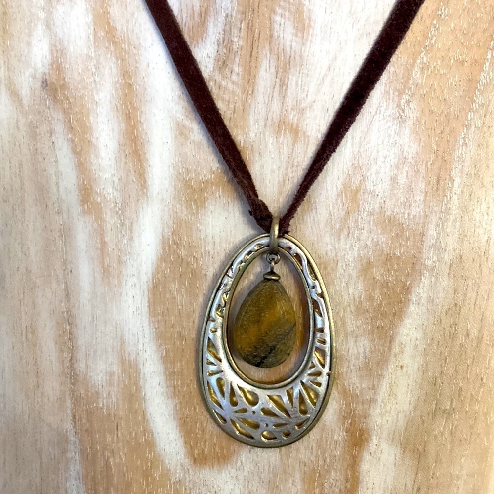 Boho Tiger Eye Teardrop Pendant Brown Suede Cord Long Necklace Mixed Metal